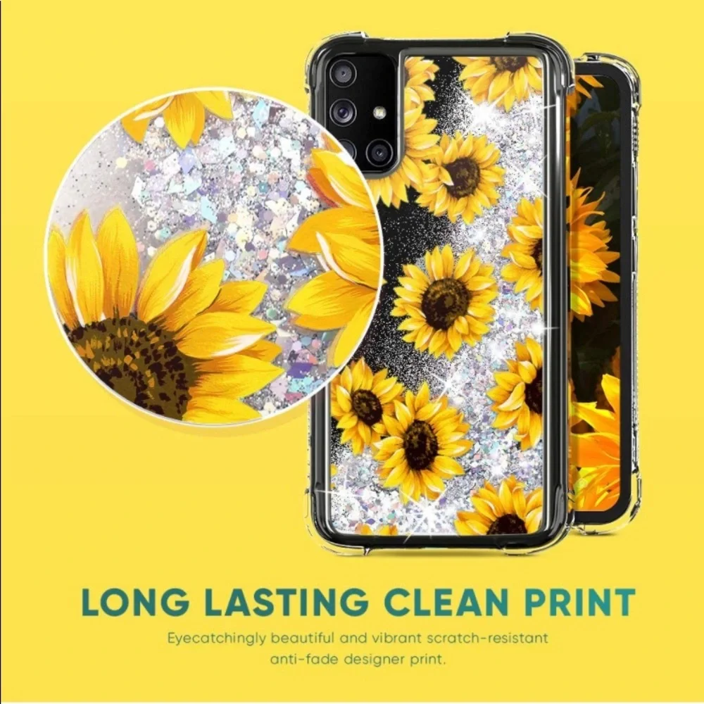 5for$10 Galaxy A71 4G, J7 2017 Bling Liquid Glitter Case Reinforced -Sunflower